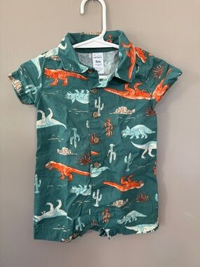 Carter's Teal Short-Sleeve Dinosaur Button-Front Romper